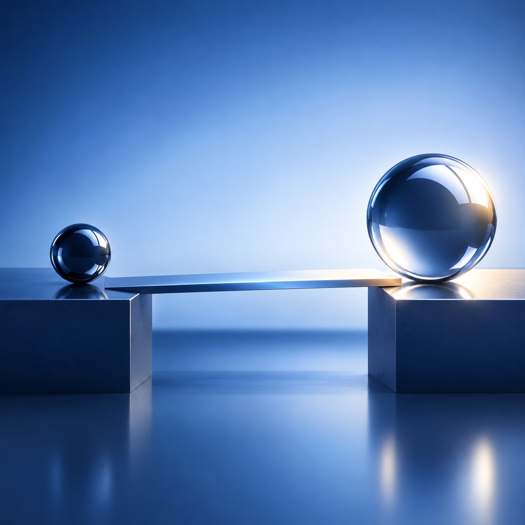 Small and large metal spheres, the larger brightly lit, on two blocks linked by a metal bridge