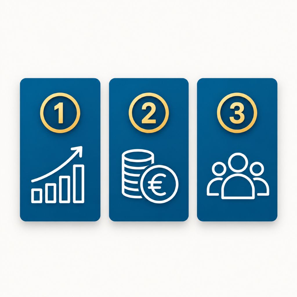Three priority cards representing sales growth, financial performance and people